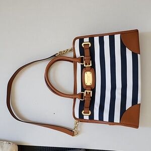 MICHAEL KORS tote bag navy & white stripe Hamilton with carmel leather trim